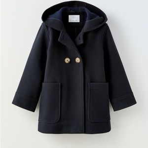 NWT Zara FELT TEXTURE DOUBLE BREASTED TOPCOAT size navy 11-12
